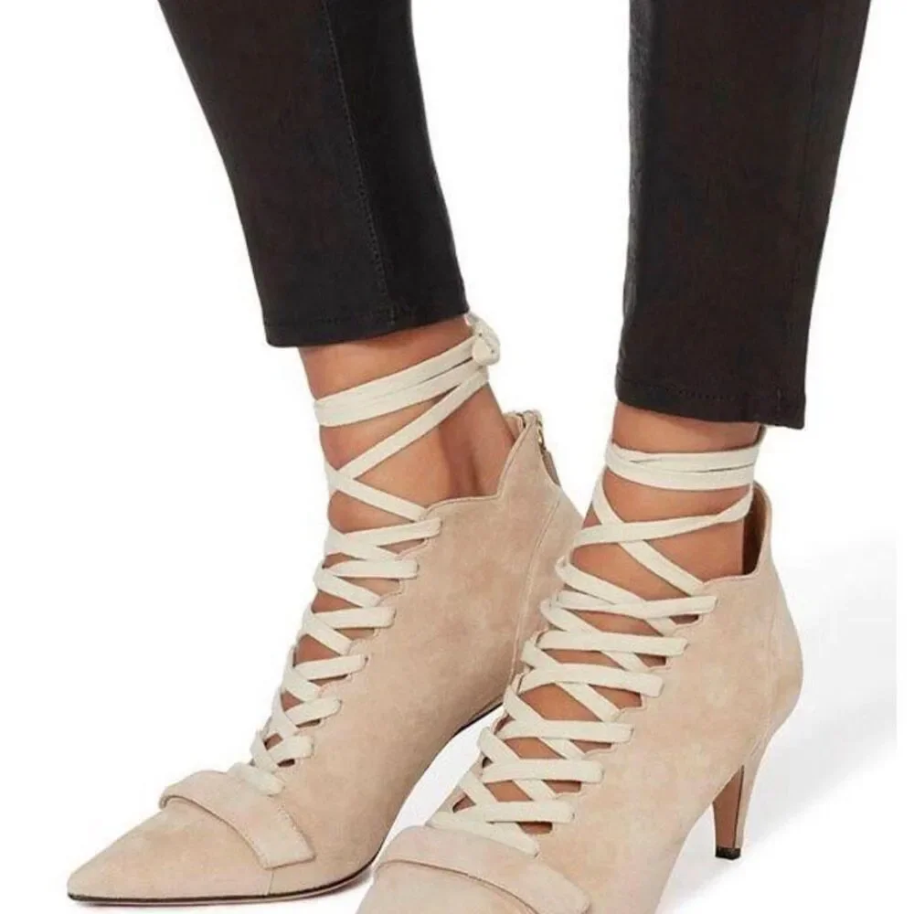 NEW IN BOX Derek Lam Montparnasse tan Suede Lace Up Booties Heels Shoes sz 38